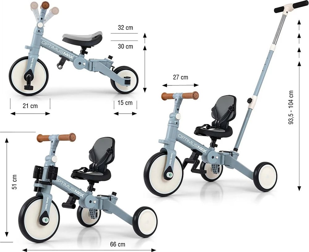 tricikël 5‑në‑1 me dorezë prindi, Milly Mally, Optimus Max, rrota shkumë, sedile e rregullueshme, 12–36 muaj, blu denim