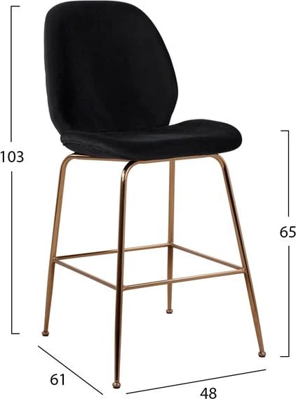 Karrige për bar Nora, kadife e zezë & kornizë metalike e artë, FH8524.04, 48x61x103 cm, set prej 2 copë