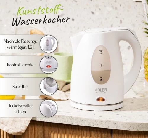 zierës uji elektrik plastik, Adler AD 1207, 1.5 L, 1850-2200 W, i bardhë