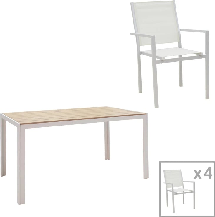Set tavoline me karrige për terasë Zacreta-Nares, 5 copë, ngjyrë e bardhë-natyrale, 140x80x72.5cm