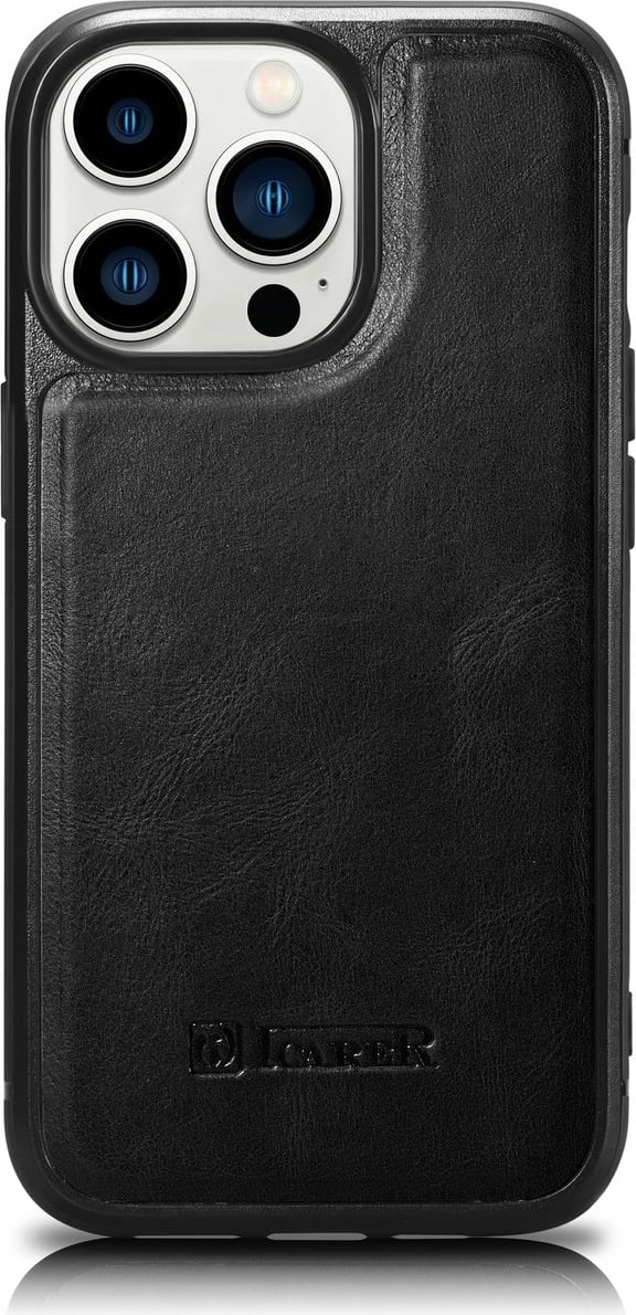 Mbështjellës iCarer Leather Oil Wax për iPhone 14 Pro Max, lëkurë, i zi