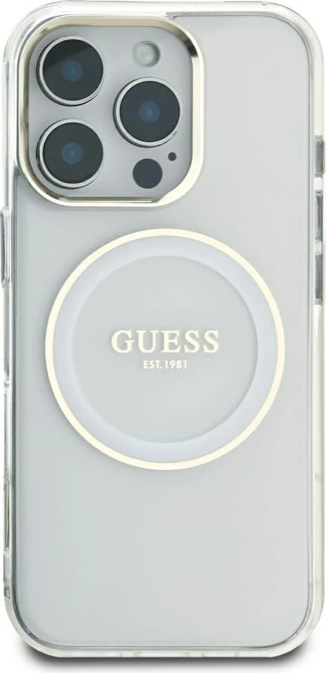 Mbështjellës Guess IML Metal Colored Circle Classic Logo MagSafe për iPhone 16 Pro Max, Bardhë