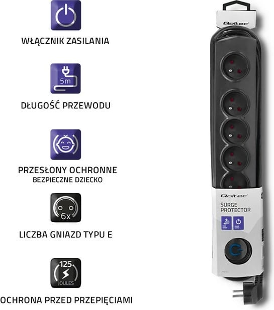 Prizë mbrojtëse Qoltec 50172, 6 dalje, 5m, e zezë