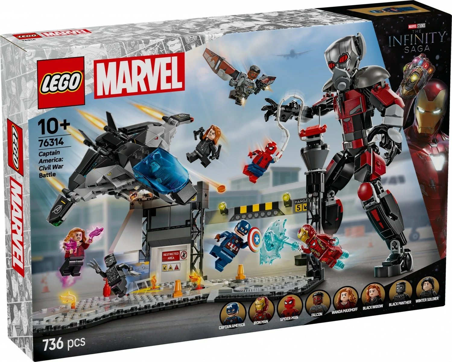 Set LEGO Marvel Captain America: Civil War - Battle 76314, 736 pjesë, për fëmijë 10+, plastikë