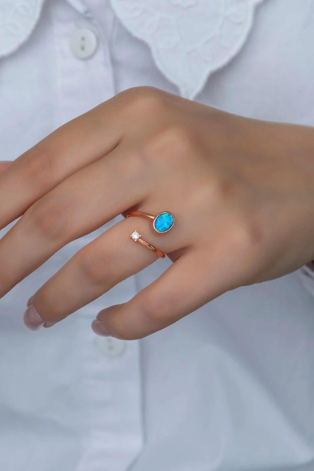 Unazë argjendi, Jumeon, NRZ99381, ngjyrë ari rozë, opal blu