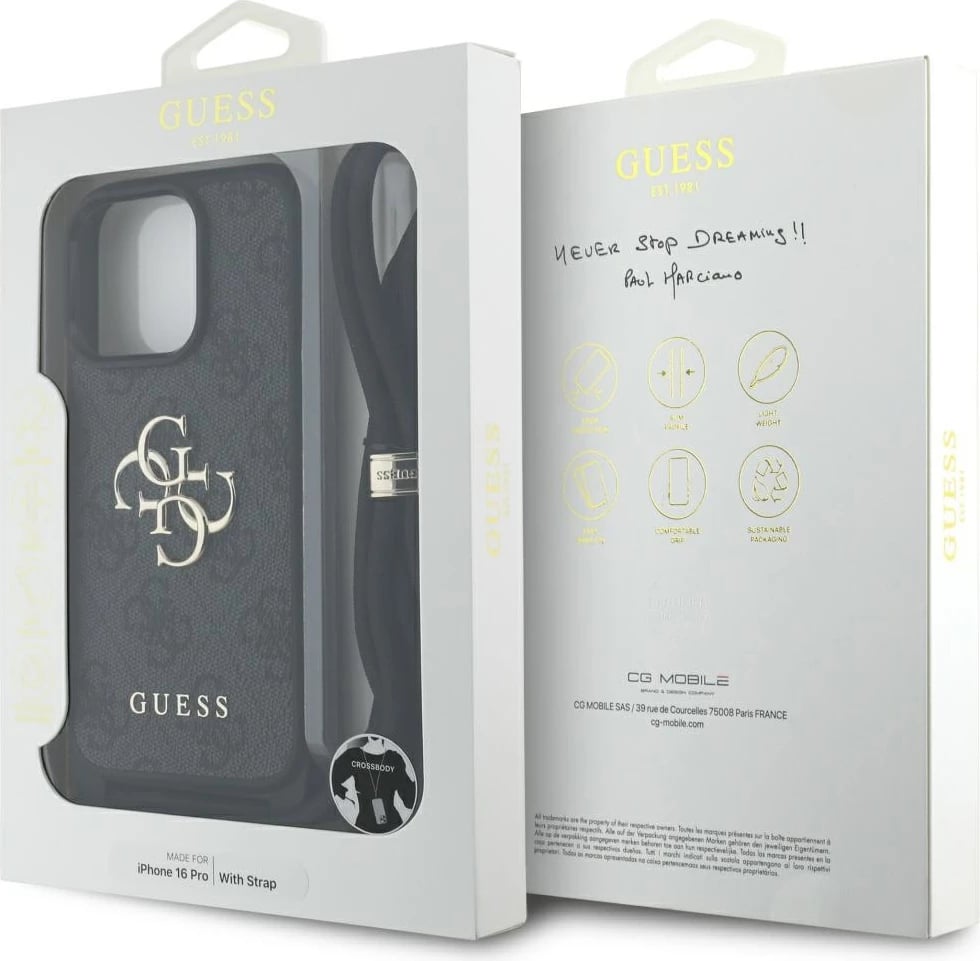 Mbështjellës Guess 4G Big Logo Cord Stap Crossbody për iPhone 16 Pro, e zezë