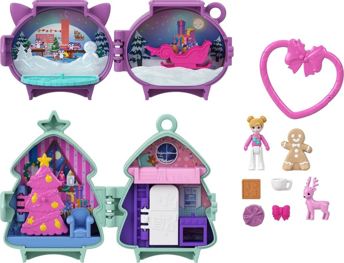 Set lodrash Polly Pocket Christmas Compact 2-pack, Mattel, JGM53, me figurina dhe aksesorë, shumëngjyrësh