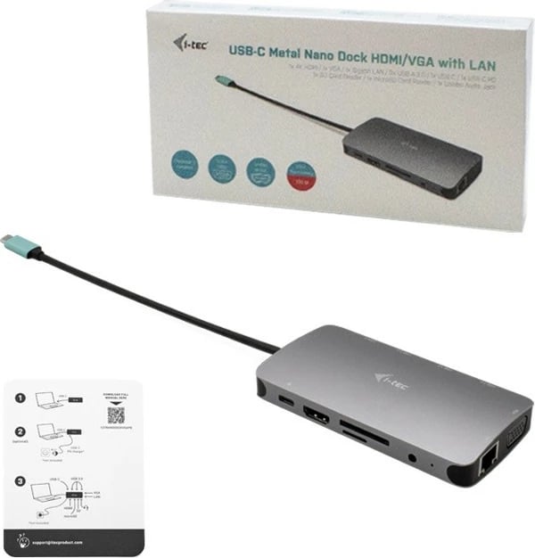 Stacion dokimi i-tec C31NANOVGA100 me USB-C, HDMI/VGA, LAN, 100W, Argjend