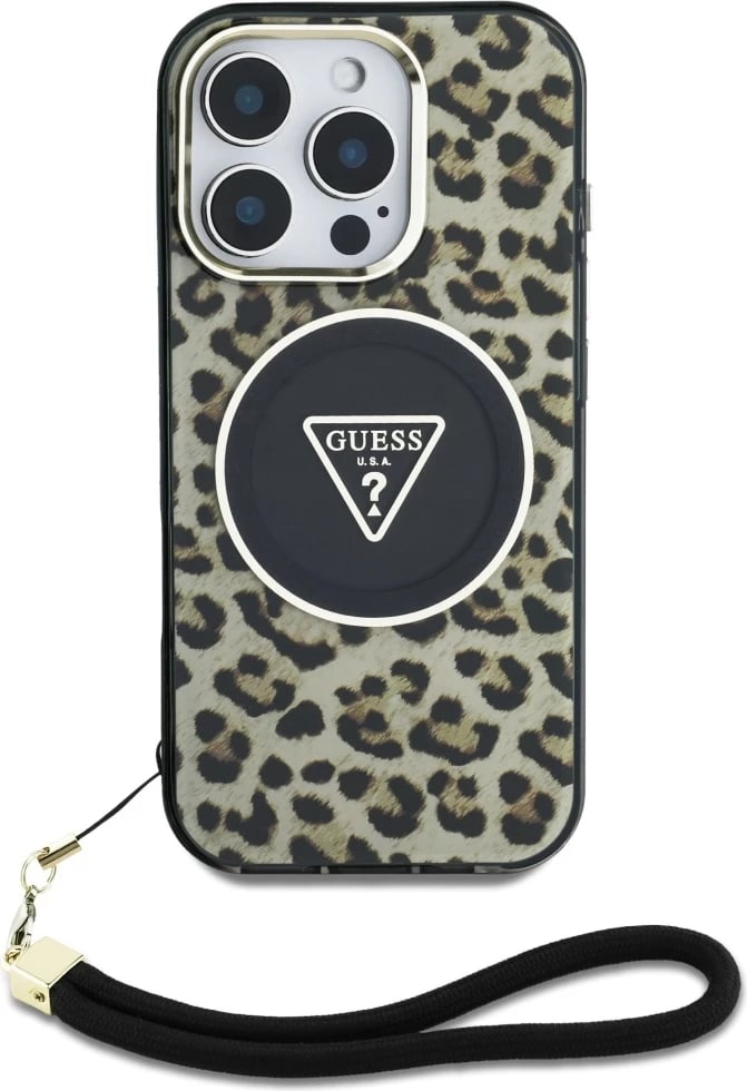 Mbështjellës Guess HC IML Leopard Triangle Cord Strap për iPhone 16 Pro, MagSafe, Kafe