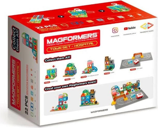 Set lodrash ndërtimi magnetike Magformers Town Hospital, 22 pjesë, shumëngjyrëshe