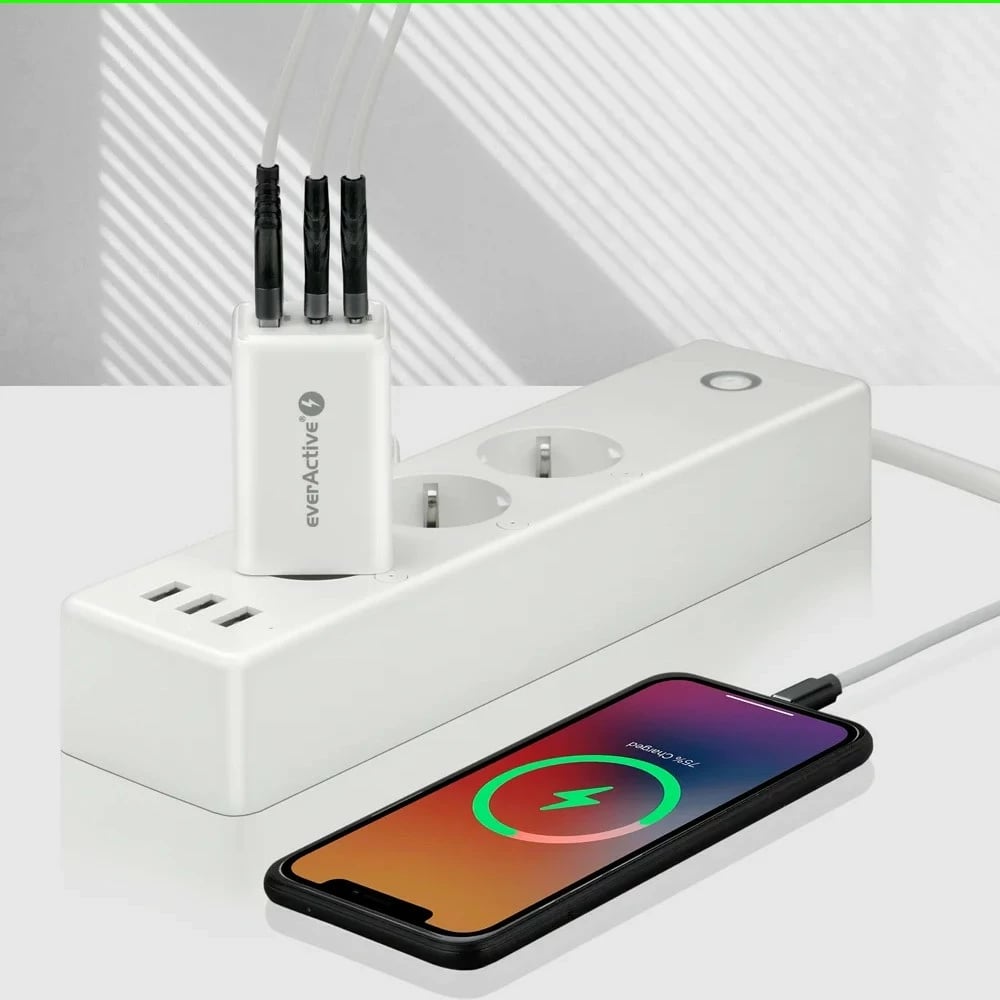 Karikues muri GaN, everActive SC-655Q, 65W, 1x USB + 2x USB-C, PD/PPS/QC4+, i bardhë