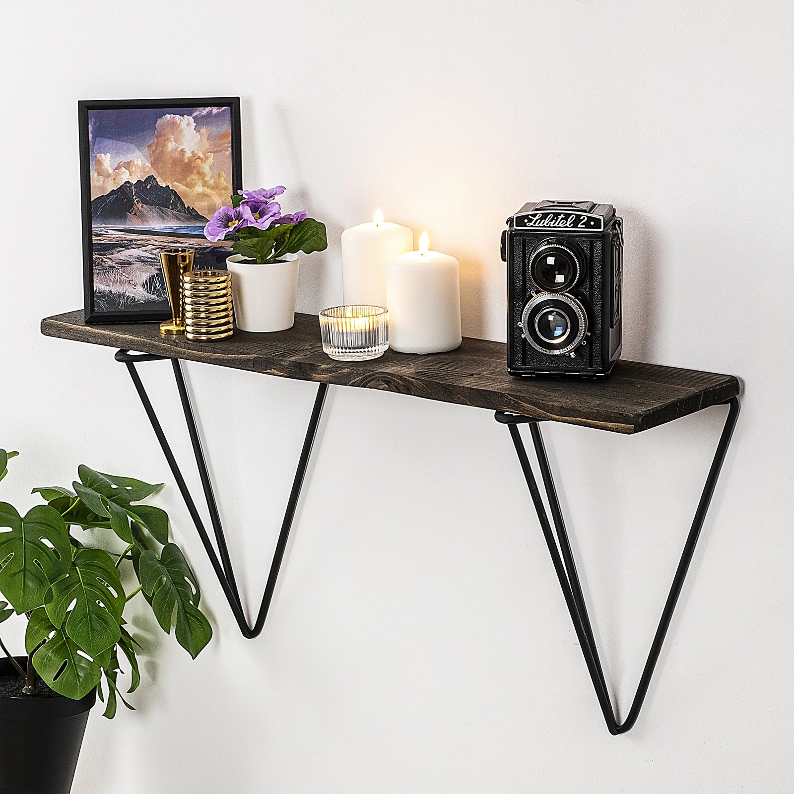 Raft muri industrial, dru bredhi, kornizë metalike, ngjyrë e zezë dhe arre e errët, Gladiolus, 60x30x15cm