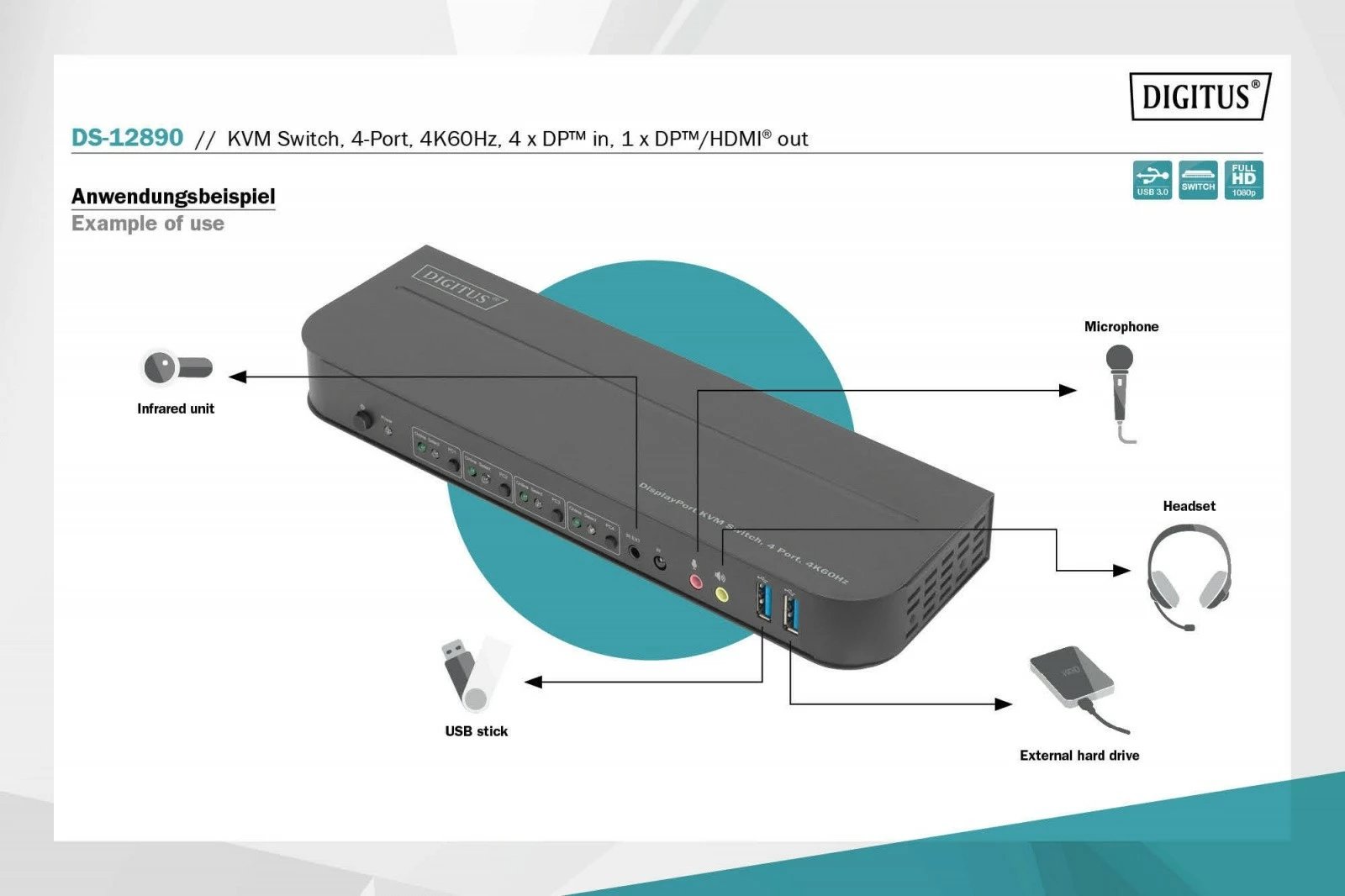 Switch KVM Digitus DS-12890, 4 porta, 4K 60Hz, 4x DP IN, 1x DP OUT, 1x HDMI OUT, 2x USB A, 1x Audio IN&OUT, gri