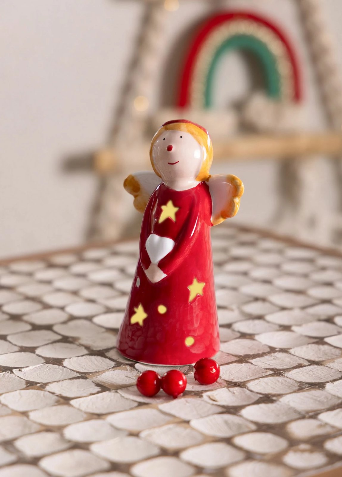 Objekt dekorativ prej qeramike, ngjyrë e kuqe dhe e bardhë, me dritë LED, Evila Originals, SUS0163, 7x5x10cm