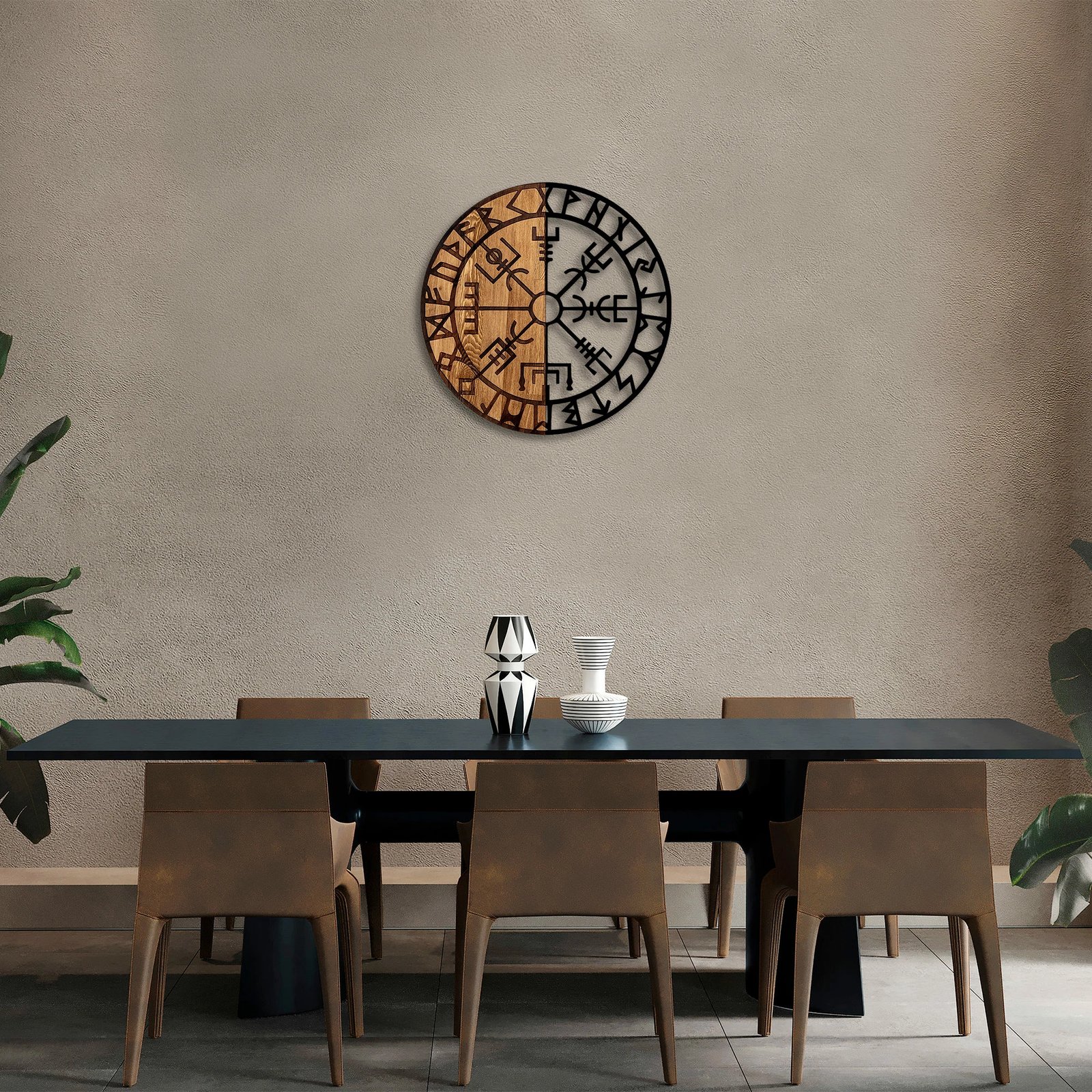 Aksesor dekorativ prej druri për mur, Wallity Vegvisir - 331, ngjyrë e zezë dhe arre, 56cm