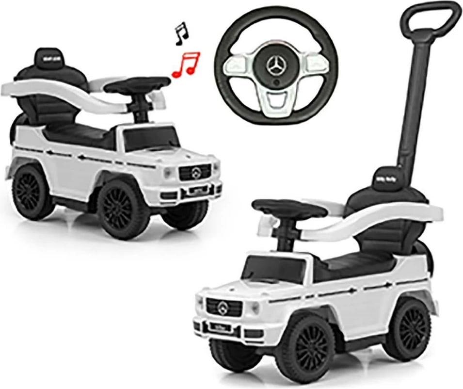 makinë shtytëse për fëmijë me dorezë, Milly Mally, Mercedes G350d, me dorezë udhëzuese, sedilje me hapësirë ruajtjeje, 12–36 muaj, 25 kg, e bardhë