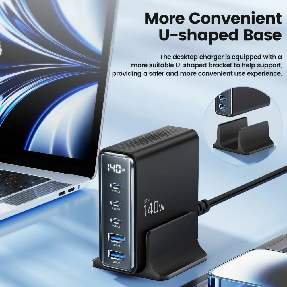 Stacion karikimi Tech-Protect DC140W-GAN, 5 porta, GaN, i zi