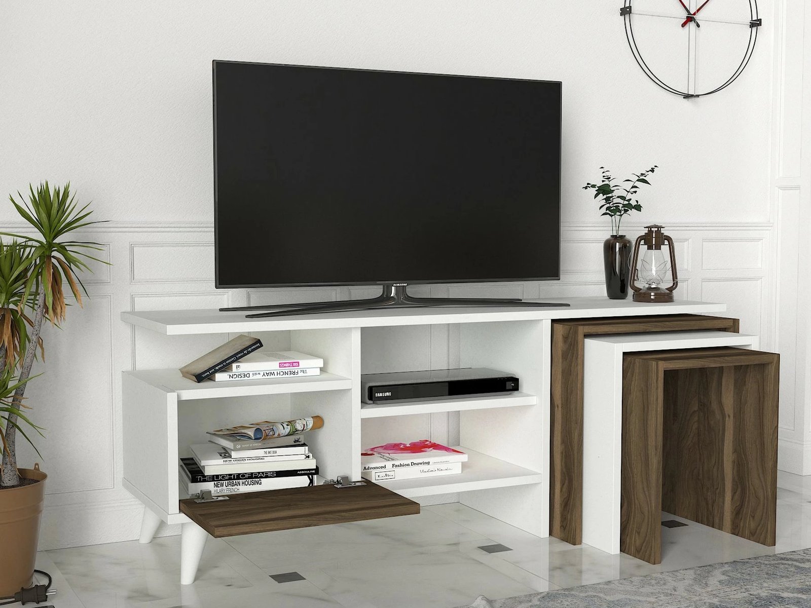 Njësi TV Skye Decor, ngjyrë natyrale - e bardhë, arre