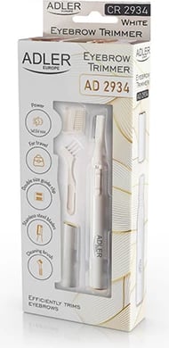 Trimer për vetulla, Adler AD 2934, teh çelik inox, krehër udhëzues dyanshëm 3.5mm/1.5mm, 1x AAA, strehë alumini, e bardhë perlë