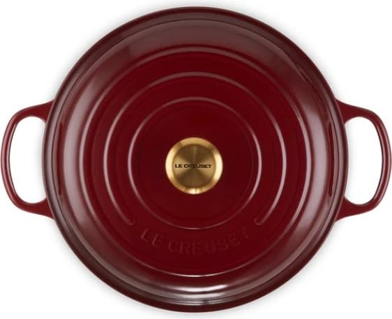 kaserolë e cekët gize, Le Creuset Signature 30 cm, model 21180309494441, me kapak, Rhone e kuqe