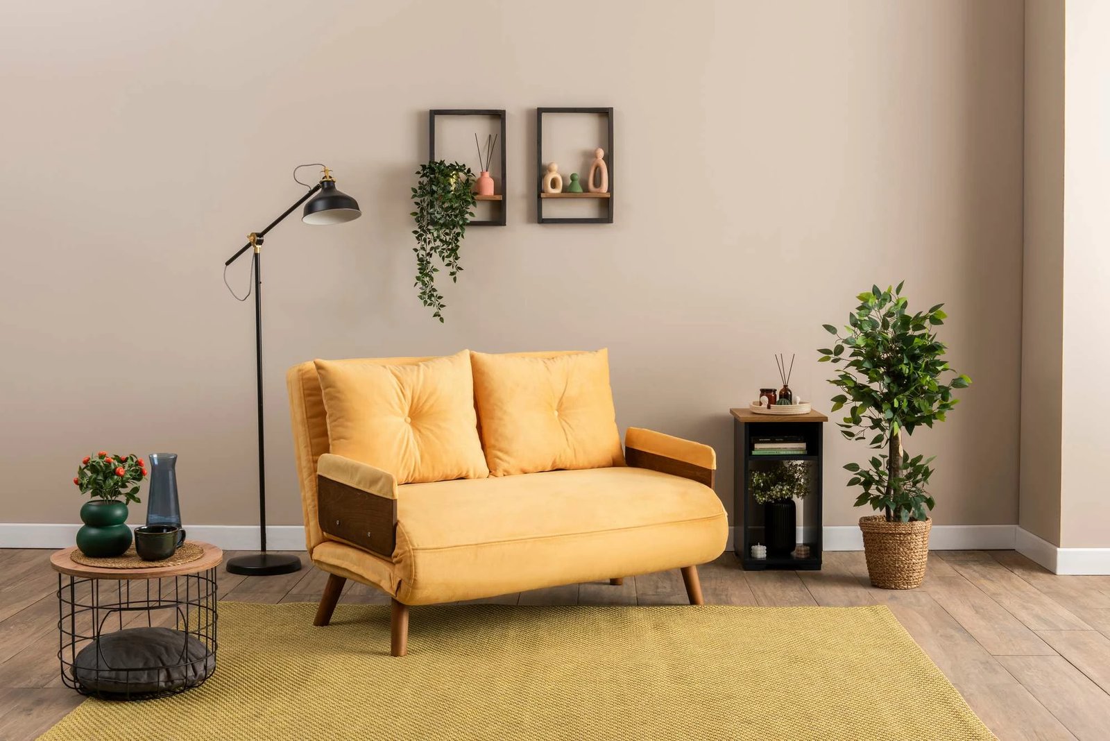 Divan i shndërrueshëm në krevat, 2 vende, Cosmo, ngjyrë mustard