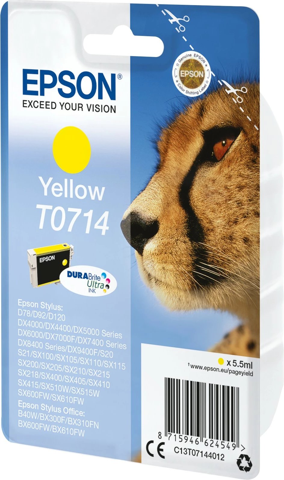 Toner Epson Singlepack Yellow T0714 DURABrite Ultra, Standard Yield, 5.5 ml, Verdhë