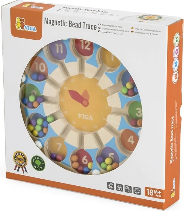 lodër edukative orë-labirint magnetike prej druri, Viga, me laps magnetik, 12 numra, për 18m+, 175x175x13 mm, shumëngjyrëshe