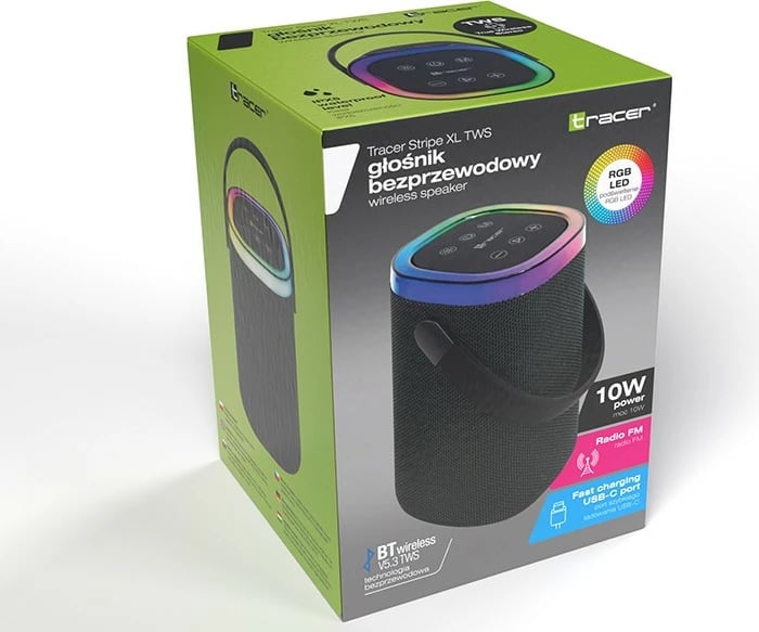 Altoparlant portativ, Tracer Stripe XL TWS BT RGB (TRAGLO47615), 10W RMS, Bluetooth 5.3, IPX5, FM radio, 1800 mAh/deri 4 orë, i zi