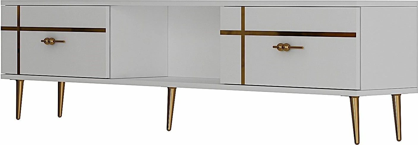 Komodë TV Skye Decor, ngjyrë e bardhë, detaje të arta