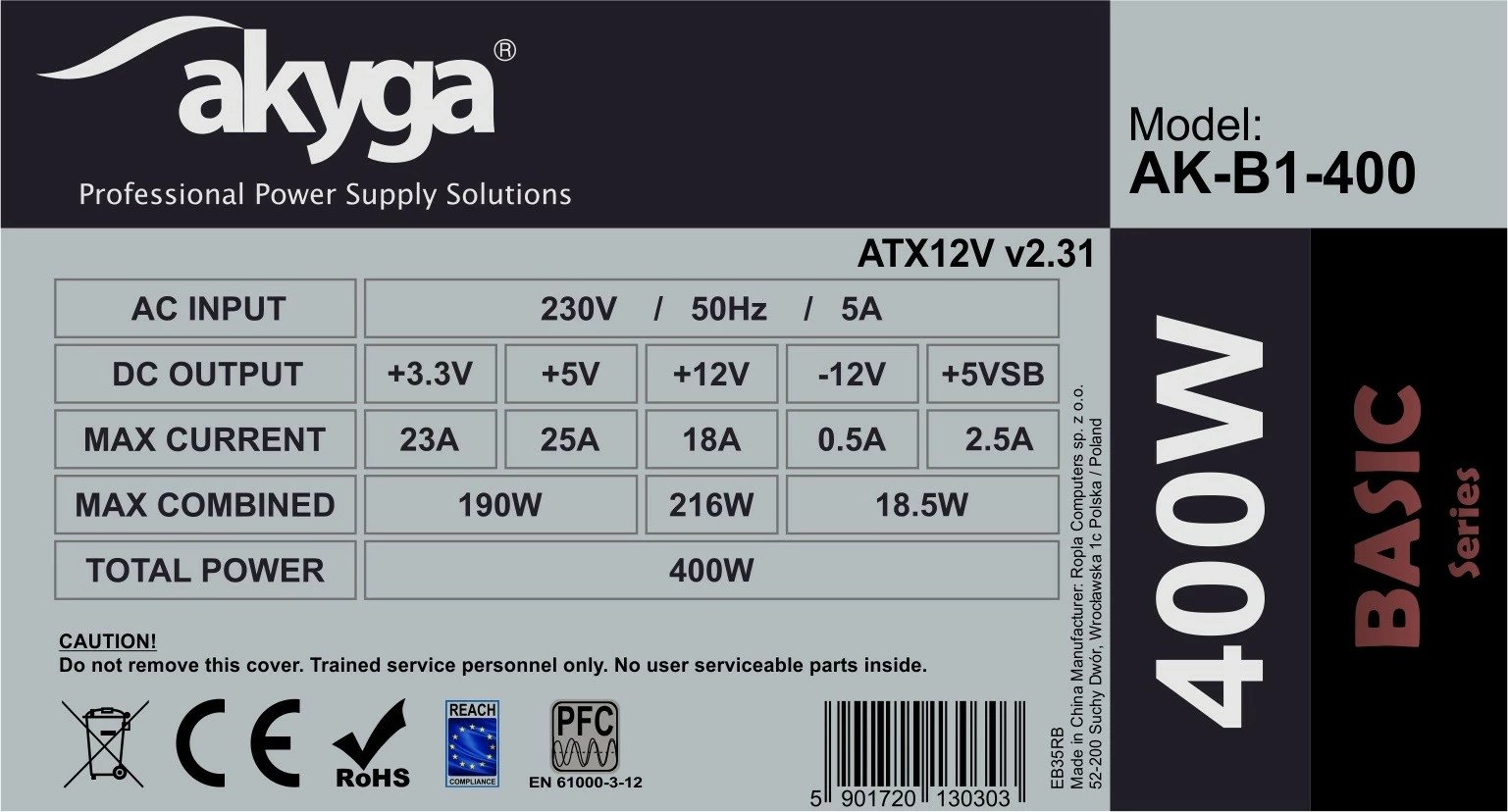 Kasë AKYGA AK-B1-400, 400W, ATX, 3x SATA, 2x MOLEX, Fan 12cm, Gri