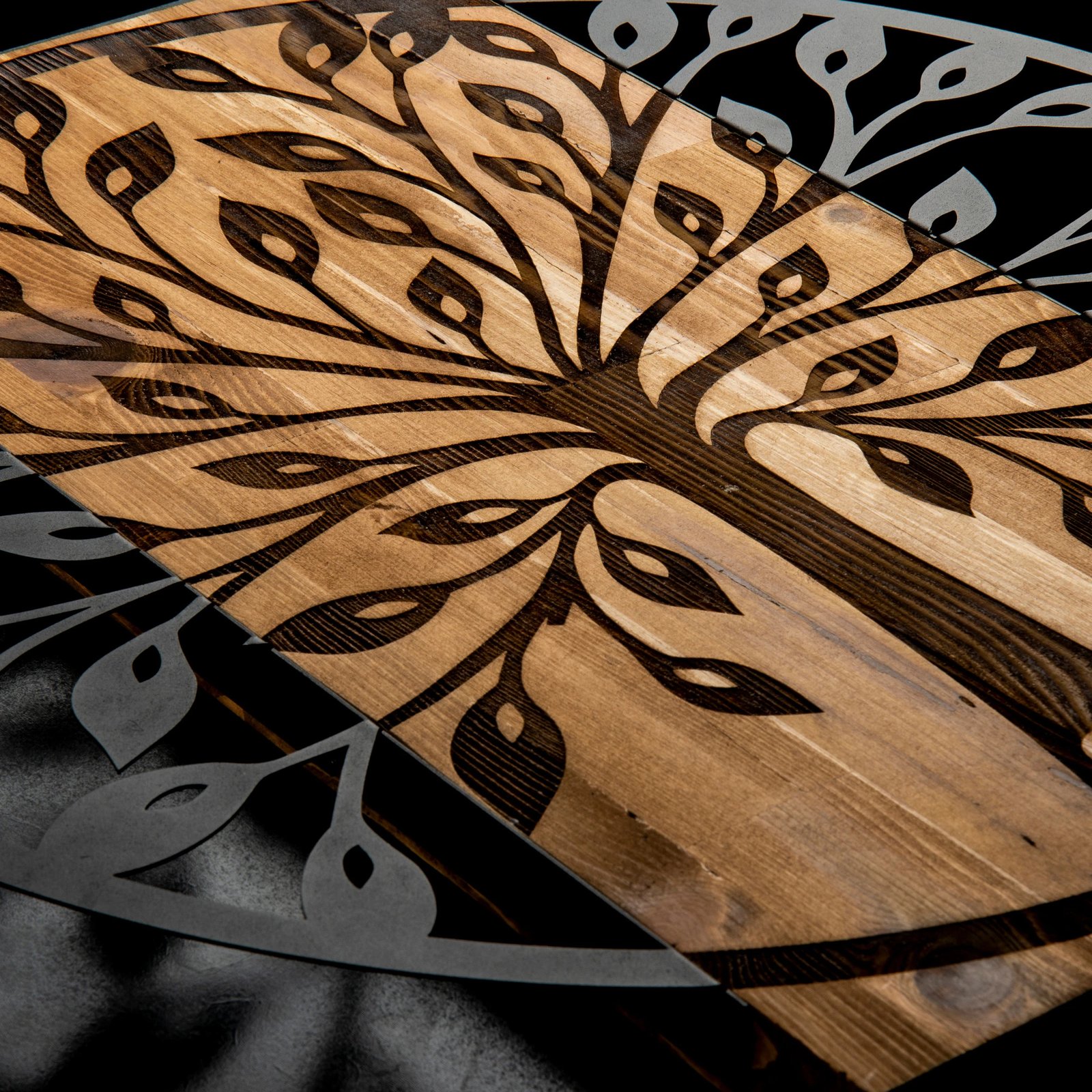 Aksesor dekorativ për mur, dru dhe metal, Wallity Zehre, ngjyrë e zezë dhe arre, 56x58cm