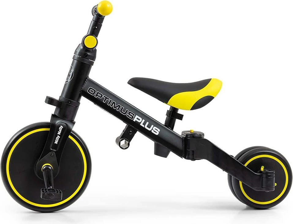 Tricikel 4n1 me shufër drejtimi, Milly Mally Optimus Plus, rrota EVA, kornizë çeliku, për 12m+, deri 25 kg, e zezë