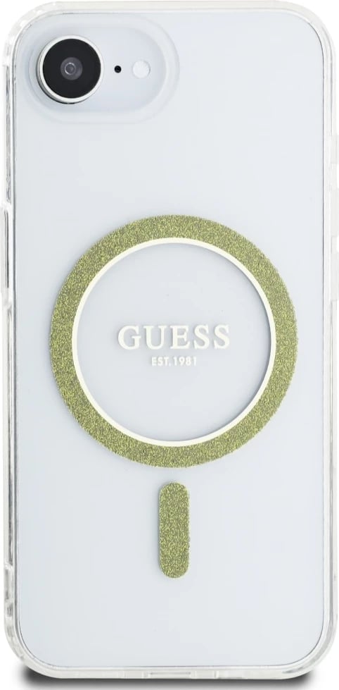 Mbështjellës Guess IML Glitter Circle MagSafe për iPhone 16e, Transparent Mbështjellës Guess IML Glitter Circle MagSafe për iPhone 16e, Transparent