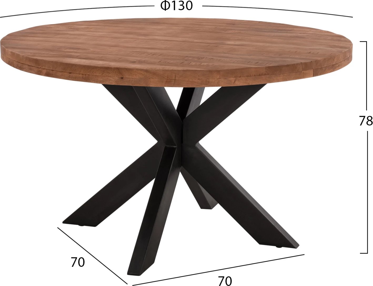 Tavolinë e rrumbullakët, dru mango i fortë, këmbë metalike të zeza, FH8484.11, Φ130x78cm