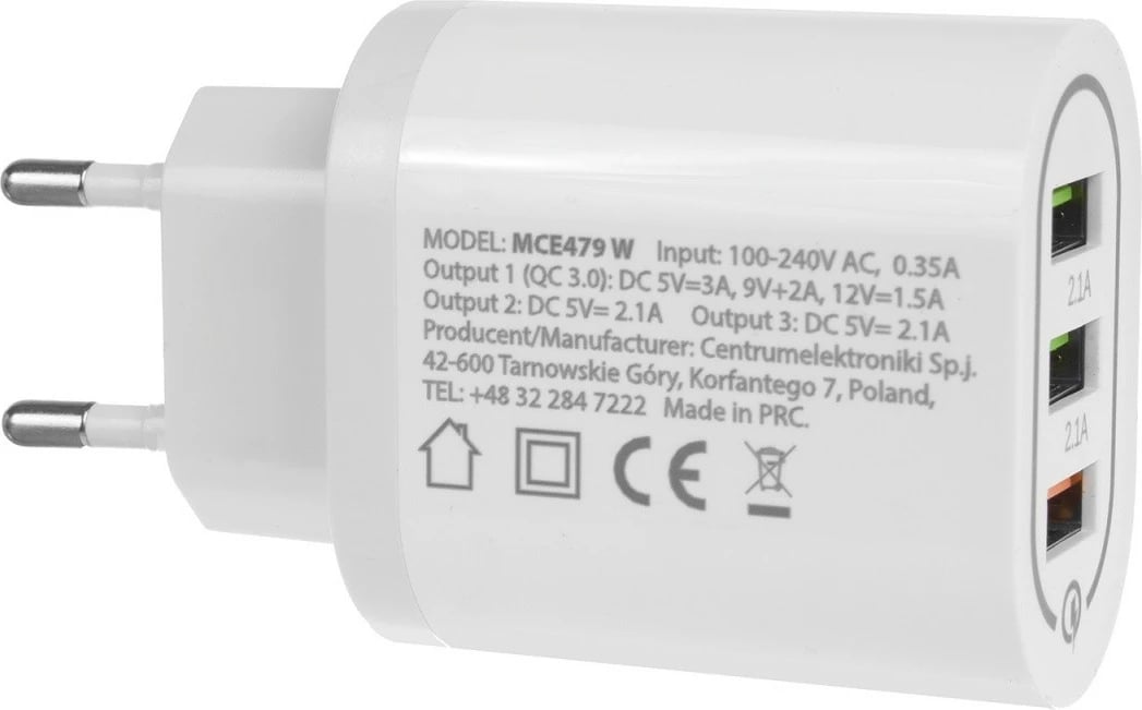 Karikues rrjeti Maclean MCE479W, 3xUSB, Quick Charge 3.0, Bardhë