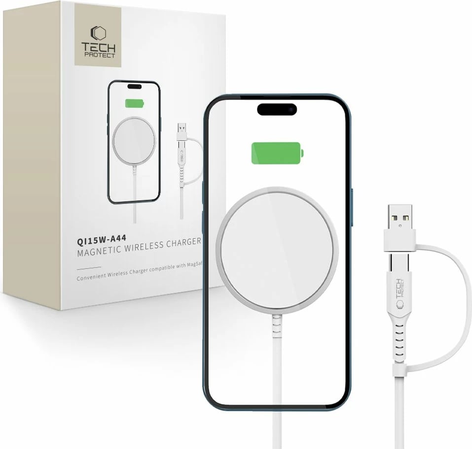 Karikues wireless magnetik Tech-Protect QI15W-A44 me MagSafe, Bardhë