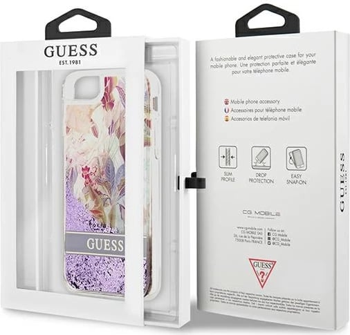 Mbështjellës, Guess, Flower Liquid Glitter, për iPhone SE 2022/SE 2020/7/8, hardcase TPU, me shkëlqim të lëngshëm dhe motiv lulesh, vjollcë