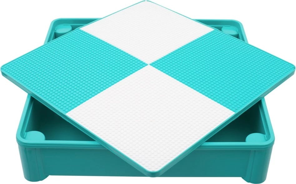 Set tavolinë me 2 karrige për fëmijë, NEW BABY, bazë për Lego/Duplo, me hapësirë magazinimi, 51x51x46 cm, jeshile mint