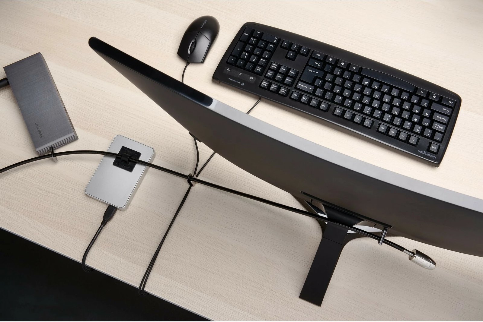 Set sigurie Kensington Desktop & Peripherals Locking Kit 2.0, 2.44m, çelës, karbon çelik, zi/argjend