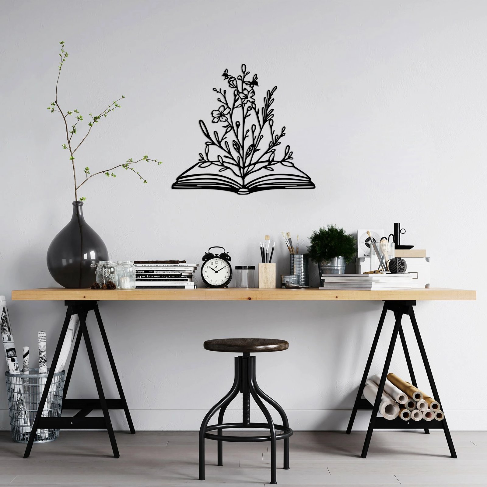 Aksesor dekorativ metalik për mur, lule në libër, Wallity