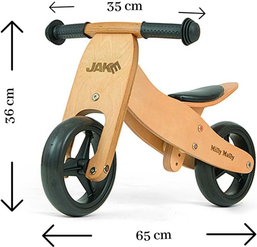tricikel-bicikletë balancuese druri 2-në-1, Milly Mally JAKE, rrota shkumë 7", ulëse e rregullueshme, 18–36 muaj, 25 kg, Natural