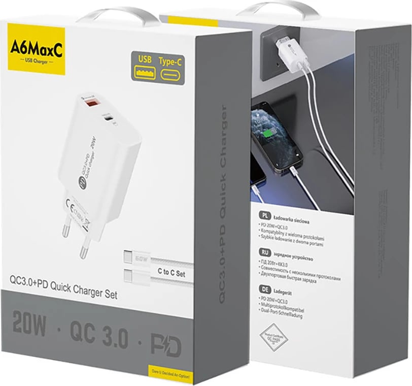 Karikues muri Hurtel A6MaxL, 20W, 2 porta USB-A/USB-C, me kabllo USB-C - USB-C 1m, Bardhë