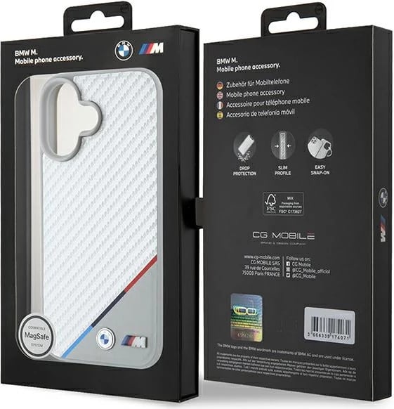 Mbështjellës BMW M Carbon Tricolor Line MagSafe për iPhone 16, Gri
