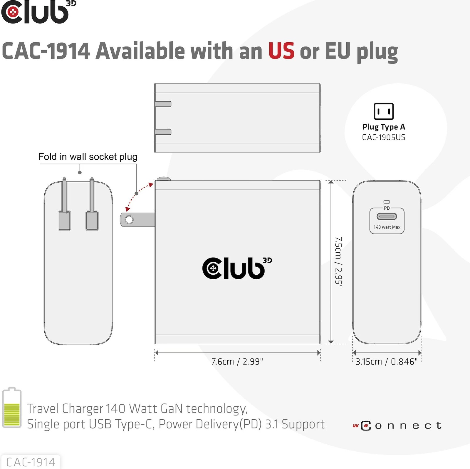 Karikues Club3D 140W, GaN, USB-C, me kabllo USB-C, i zi Karikues Club3D 140W, GaN, USB-C, me kabllo USB-C, i zi