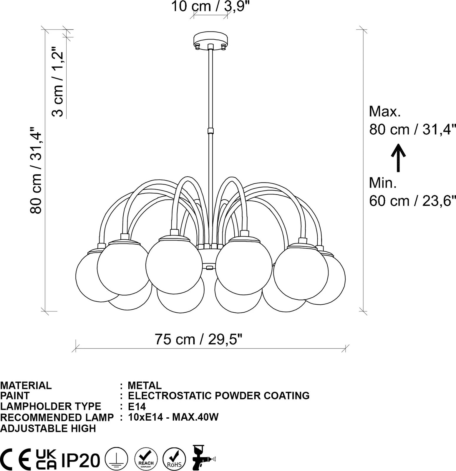 Llambadar Opviq, Sferıs, ngjyrë ari, 75cm