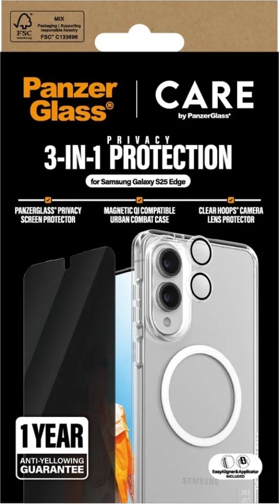 Set mbrojtës 3-në-1 PanzerGlass CARE për Samsung Galaxy S25 Edge, transparent
