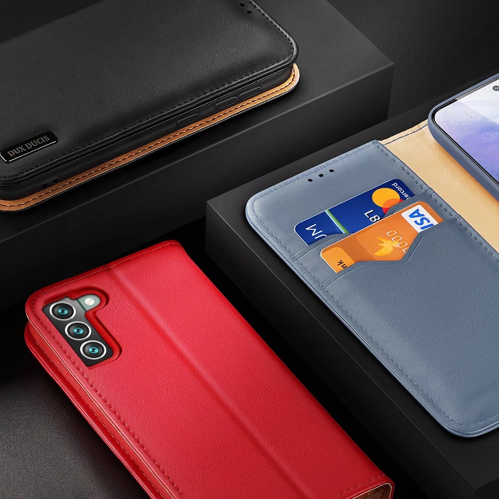 Mbështjellës Dux Ducis Hivo për Samsung Galaxy S22+, lëkurë natyrale, me xhepa për karta, Blu