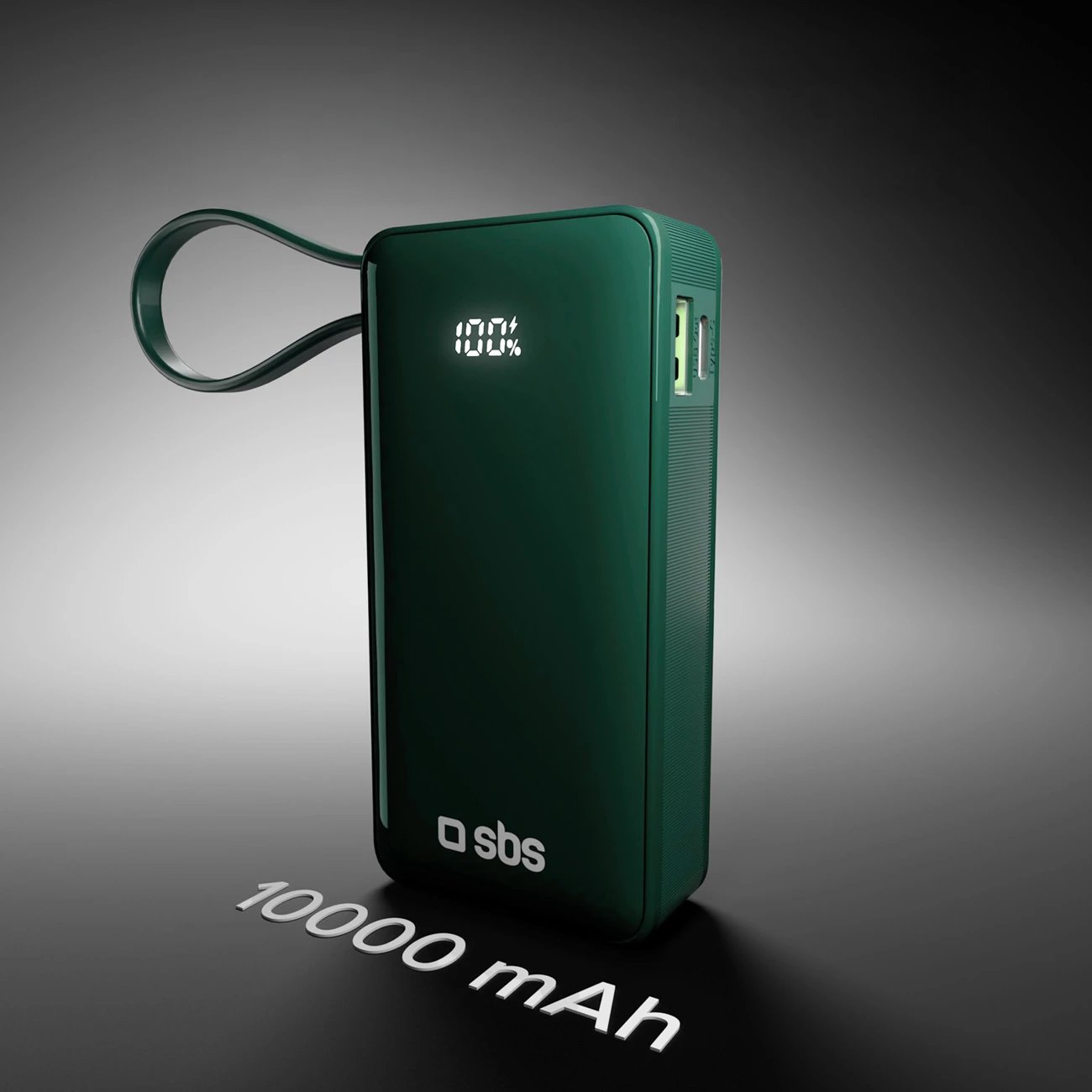 Powerbank SBS 10000 mAh 20W me kabllo USB-C të integruar dhe ekran digjital, e gjelbër