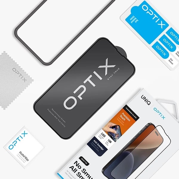 Mbrojtës ekrani xham i temperuar UNIQ Optix Matte për iPhone 15 Plus / 14 Pro Max, me komplet aplikimi