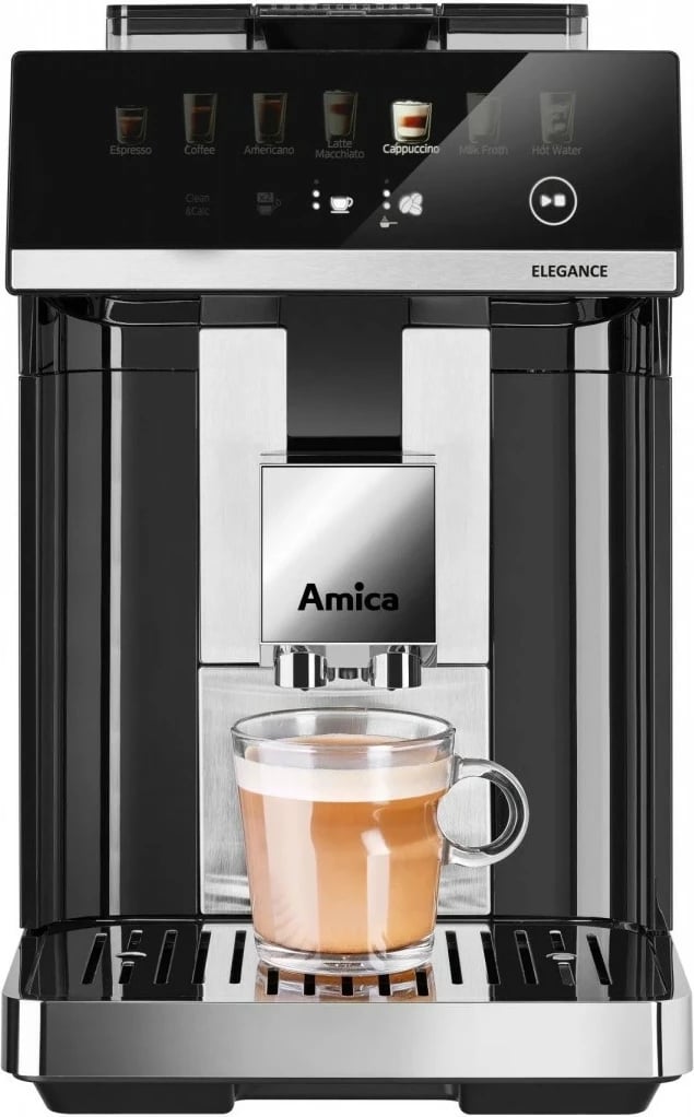 Aparat espresso, Amica Elegance CM 7011, 15 bar, 1725 W, mulli çeliku 5 nivele, depozitë ujit 1.8 L, depozitë kafeje 250 g, sistem qumështi, i zi